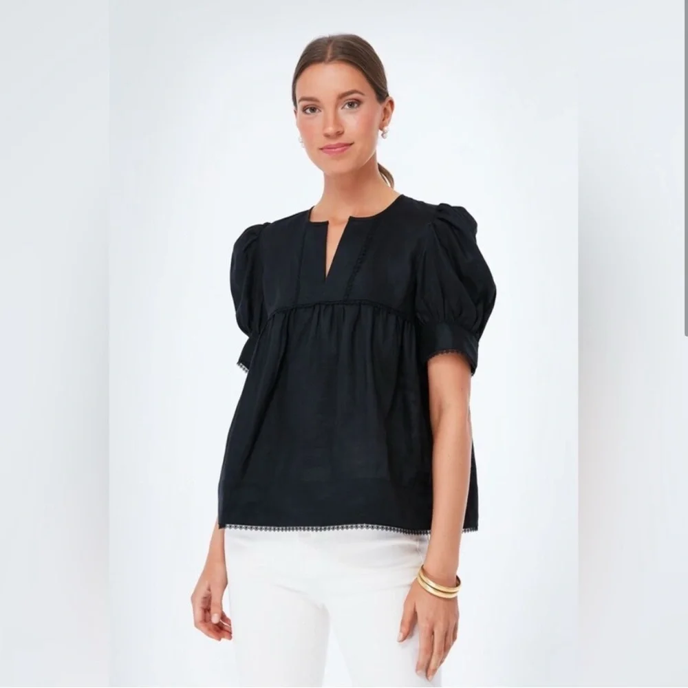 Tuckernuck After Hours Indra Linen Puff Sleeve Blouse in Black Size M - Picture 2 of 8